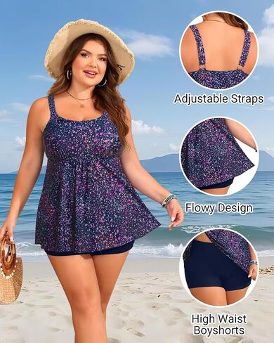 Holipick Plus Size 2 قطعة ملابس السباحة - نساء Tankini بدلات الاستحمام متدفق مع القمامة مع الصبي in Saudi Arabia