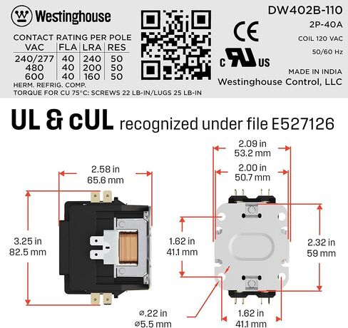 Westinghouse HVAC Countor ، 2 عمود ، 40 أمبير ، ملف 120 فولت ، العروات والخط والتحميل ، A2L محدد AC AC ، UL معترف به وموافقته على UL 60335 in Saudi Arabia
