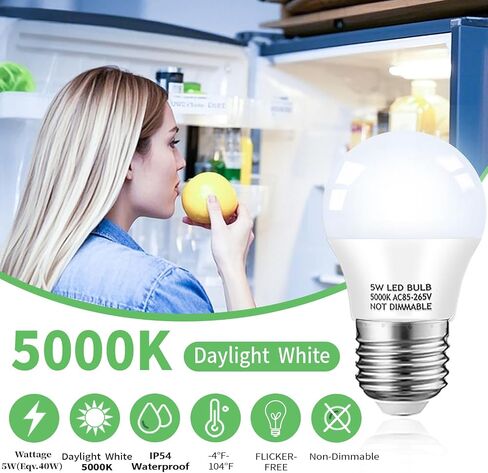 Refrigerator Light Bulb, 40W Equivalent, 5W Daylight White 5000K E26 Base Non-Dimmable, Waterproof LED A15 Appliance Bulb for Fridge Freezer Home Lighting, 2-Pack in Saudi Arabia