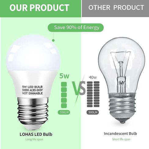Refrigerator Light Bulb, 40W Equivalent, 5W Daylight White 5000K E26 Base Non-Dimmable, Waterproof LED A15 Appliance Bulb for Fridge Freezer Home Lighting, 2-Pack in Saudi Arabia