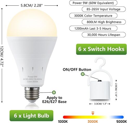 6 Pack Rechargeable Emergency Light Bulbs, Battery Powered Energy Efficient LED Light Bulb 6000K Daylight E26 120 Volt 9W 60W Equivalent with 1200mAh for Home Power Outage Camping Hurricane in Saudi Arabia
