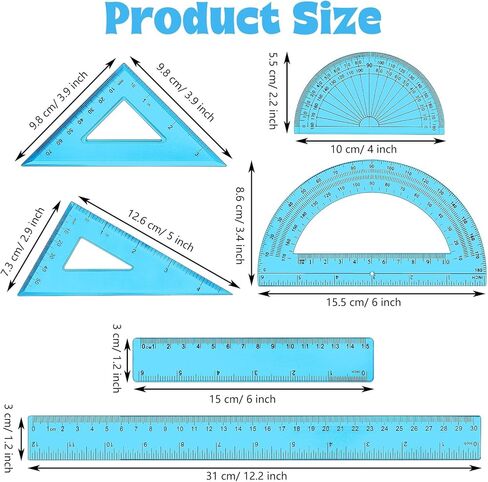 Tenare 1 Set Plastic Clear Math Set Includes Protractor Triangle Rulers 12 Inch 6 Inch Straight Geometry Math Transparent Ruler Measuring Tool for School Office Home Supplies(Clear) in Saudi Arabia