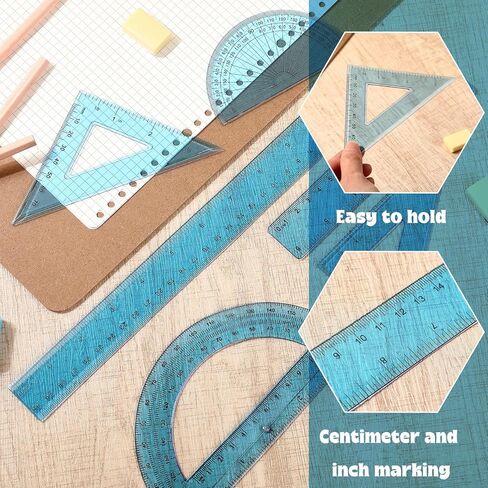 Tenare 1 Set Plastic Clear Math Set Includes Protractor Triangle Rulers 12 Inch 6 Inch Straight Geometry Math Transparent Ruler Measuring Tool for School Office Home Supplies(Clear) in Saudi Arabia
