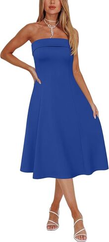 Newshows Womens 2025 Summer Cocktail Dress Stretch Wrinkle-Free Elegant Strapless Tube Formal Evening Party Skater Midi Dress in Saudi Arabia