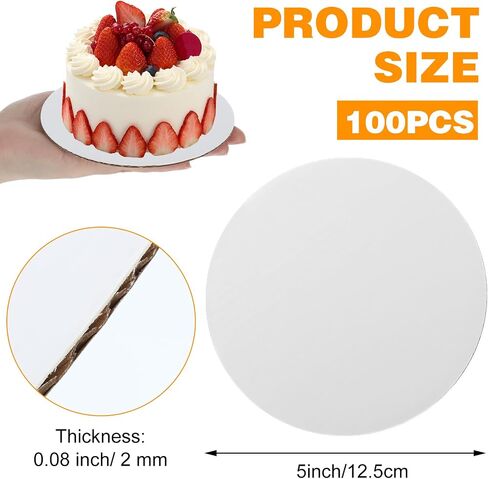 100 pcs 5 بوصة ألواح كعكة مستديرة ، 0.08 بوصة أبيض سميك ألواح الكعك من الورق المقوى من الورق المقوى للخبز - مقاومة للماء وصديق للبيئة in Kuwait