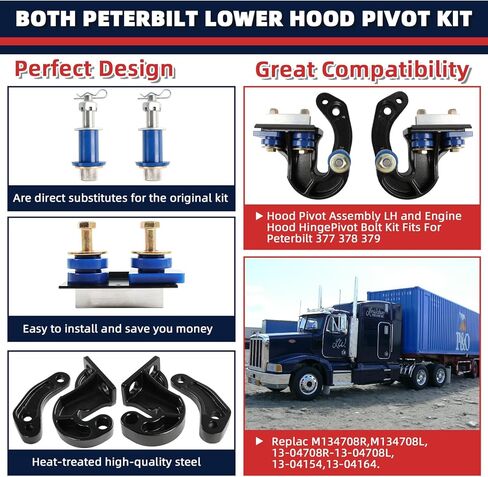 M134708R & M134708L for Peterbilt Lower Hood Pivot Kit & Hood Hinge Pivot Bolt Bushing Bracket Kit for Peterbilt 377 378 379 Replace:13-04708R 13-04708L 13-04154 13-04164 13-04626 in Saudi Arabia