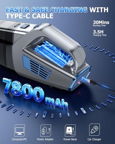 BqyPower باليد اللاسلكية ، 16000PA ، شفط قوي ، يدويًا ، فراغًا ، فراشيًا ، فراشيات ، قابلة لإعادة الشحن مع إكسسوارات متعددة ، وقوة مكنسة للسيارة المحمولة ، طاقة عالية للسيارة للمكتب المنزلي للسيارة in Saudi Arabia