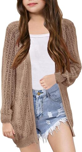 Girl's Crochet Cardigan Summer Lightweight Long Sleeve Soft Boho Cardigans Beach Cover UP Beige in Saudi Arabia