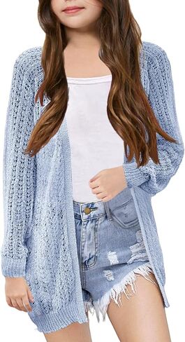 Girl's Crochet Cardigan Summer Lightweight Long Sleeve Soft Boho Cardigans Beach Cover UP Beige in Saudi Arabia