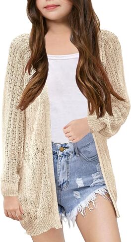 Girl's Crochet Cardigan Summer Lightweight Long Sleeve Soft Boho Cardigans Beach Cover UP Beige in Saudi Arabia