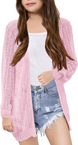 Girl's Crochet Cardigan Summer Lightweight Long Sleeve Soft Boho Cardigans Beach Cover UP Beige in Saudi Arabia