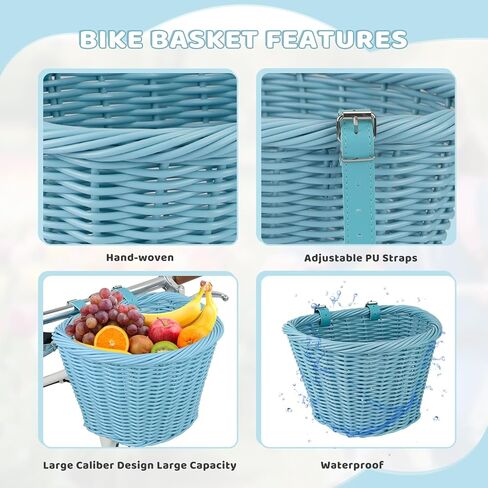 Wicker Bike Basket Front Cargo,Ebike Basket for Cargo，Front Handlebar Storage Basket Waterproof with Adjustable Leather Straps,for Dog/Grocery Shopping/Pet Carrier,Fits Most Bicycles in Saudi Arabia