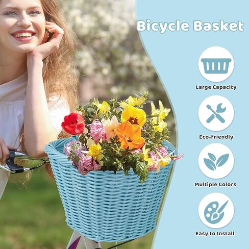 Wicker Bike Basket Front Cargo,Ebike Basket for Cargo，Front Handlebar Storage Basket Waterproof with Adjustable Leather Straps,for Dog/Grocery Shopping/Pet Carrier,Fits Most Bicycles in Saudi Arabia