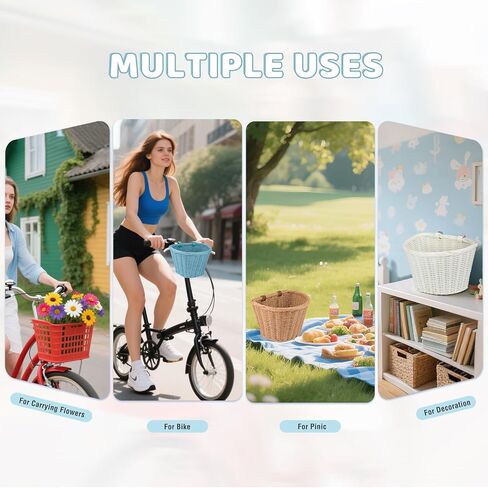 Wicker Bike Basket Front Cargo,Ebike Basket for Cargo，Front Handlebar Storage Basket Waterproof with Adjustable Leather Straps,for Dog/Grocery Shopping/Pet Carrier,Fits Most Bicycles in Saudi Arabia