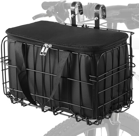 Front Bike Basket, Foldable Bike Storage Basket with Waterproof PU Bag, Zippered Pocket, Easy Installation, Fits Most Bikes, Black Metal Frame, 13.4 x 7.9 x 9in for Adult Women/Men Carrying Dogs, Pets in Saudi Arabia