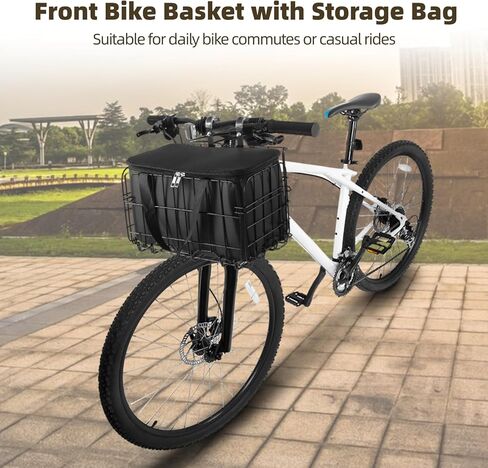Front Bike Basket, Foldable Bike Storage Basket with Waterproof PU Bag, Zippered Pocket, Easy Installation, Fits Most Bikes, Black Metal Frame, 13.4 x 7.9 x 9in for Adult Women/Men Carrying Dogs, Pets in Saudi Arabia