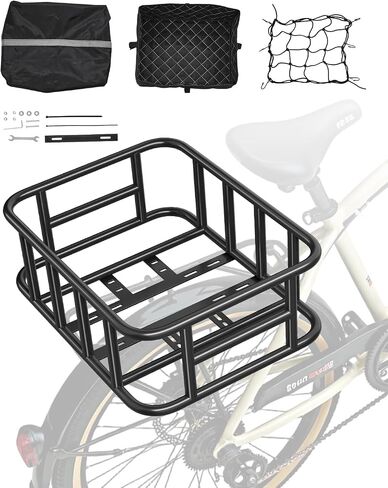 VEVOR Rear Bike Basket, Medium Bicycle Basket with Cargo Net, Liner & Waterproof Cover, Heavy Duty Bike Back Basket for Adult Women/Men Carrying Dogs, Pets, Fruit & Grocery, Mounting Tools Included in Saudi Arabia