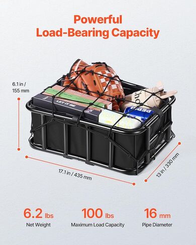 VEVOR Rear Bike Basket, Medium Bicycle Basket with Cargo Net, Liner & Waterproof Cover, Heavy Duty Bike Back Basket for Adult Women/Men Carrying Dogs, Pets, Fruit & Grocery, Mounting Tools Included in Saudi Arabia