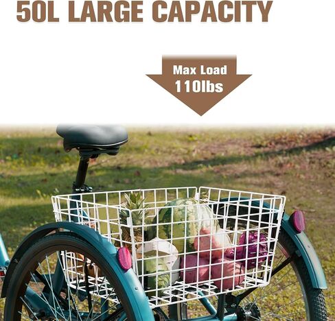 Tricycle Rear Basket, Folding Large Adult Trike Cargo Baskets with 50L Capacity, Waterproof Rear Metal Baskets with Trike Basket Liner for 20 24 26 Inch Electric Tricycles, White in Kuwait