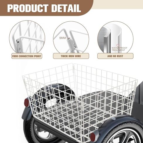Tricycle Rear Basket, Folding Large Adult Trike Cargo Baskets with 50L Capacity, Waterproof Rear Metal Baskets with Trike Basket Liner for 20 24 26 Inch Electric Tricycles, White in Kuwait