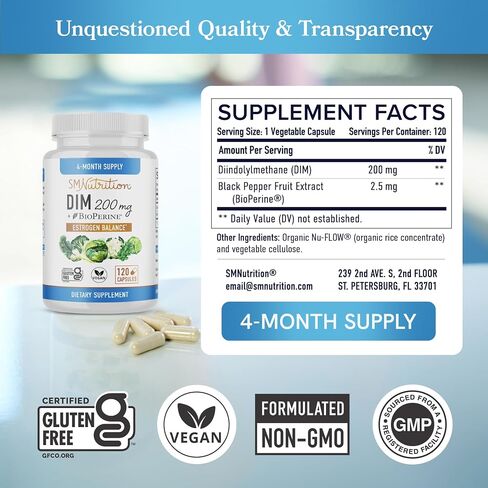 SMNutrition DIM Supplement 200 mg (120 Ct) | Estrogen Balance for Women & Men | Non-GMO, Vegan, Soy Free | 4 Month Supply in Saudi Arabia