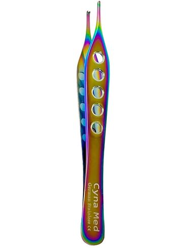 Rainbow Titanium Color Adson Forceps 4.75in (12cm) German Stainless Steel - Veterinary, Dental Instruments (Set of 4 - Serrated + 1x2 Teeth) in Kuwait