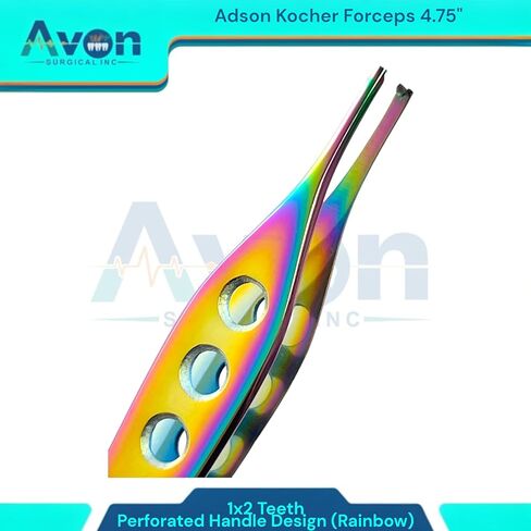 Rainbow Titanium Color Adson Forceps 4.75in (12cm) German Stainless Steel - Veterinary, Dental Instruments (Set of 4 - Serrated + 1x2 Teeth) in Kuwait
