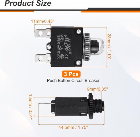 MECCANIXITY 3 Pcs 3Amp Push Button Circuit Breaker,125/250V AC 32V DC Manual Reset Thermal Overload Protector with Waterproof Button Caps in Saudi Arabia