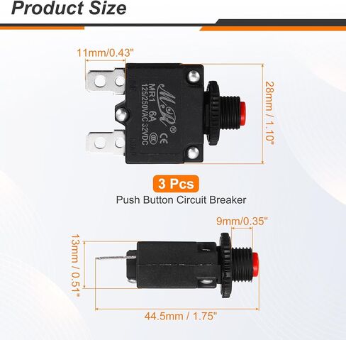 Meccanixity 3 PCS 3AMP قاطع الدائرة الحرارية ، 125/250V AC 32V DC زر الضغط اليدوي تبديل حمولة الحمل الزائد ، الأحمر in Kuwait
