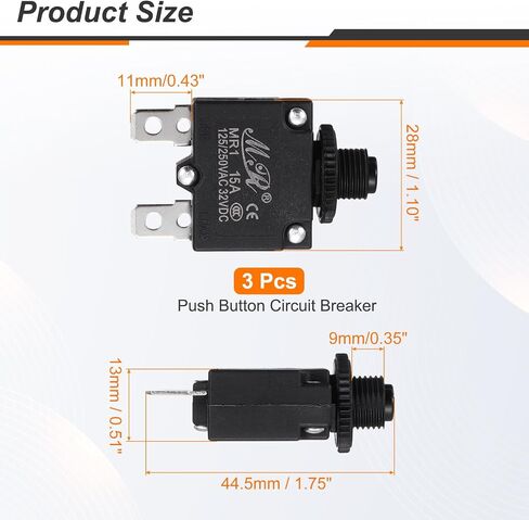 Meccanixity 3 PCS 3AMP قاطع الدائرة الحرارية ، 125/250V AC 32V DC زر الضغط اليدوي تبديل حمولة الحمل الزائد ، الأسود in Kuwait