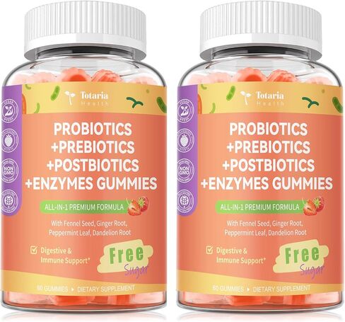 Sugar Free 5-in-1 Probiotic Prebiotic Postbiotic Gummy, Probiotics for Women Men with Digestive Enzymes, Peppermint, Complete Immune, Gut & Digestive Support, Vegan, 60 Cts, Strawberry Flavor in Kuwait