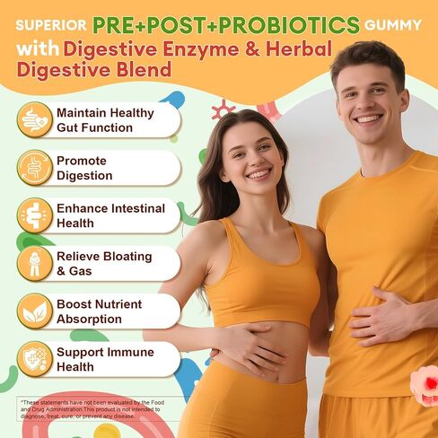 Sugar Free 5-in-1 Probiotic Prebiotic Postbiotic Gummy, Probiotics for Women Men with Digestive Enzymes, Peppermint, Complete Immune, Gut & Digestive Support, Vegan, 60 Cts, Strawberry Flavor in Kuwait