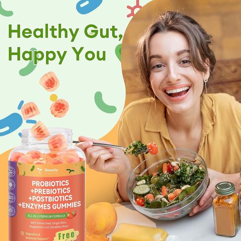 Sugar Free 5-in-1 Probiotic Prebiotic Postbiotic Gummy, Probiotics for Women Men with Digestive Enzymes, Peppermint, Complete Immune, Gut & Digestive Support, Vegan, 60 Cts, Strawberry Flavor in Kuwait