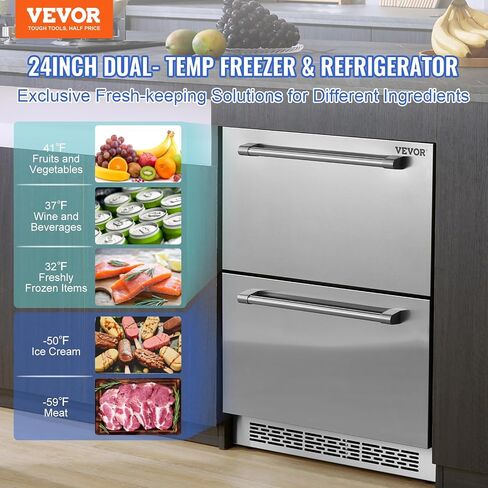 VEVOR 24 inch Undercounter Refrigerator, 2 Drawer Refrigerator with Different Temperature, 4.87 Cu.ft. Capacity, Waterproof Indoor and Outdoor Under Counter Freezer Fridge for Home and Commercial Use in Saudi Arabia