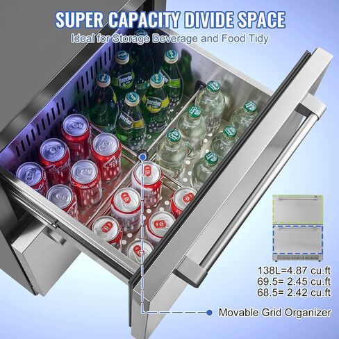 VEVOR 24 inch Undercounter Refrigerator, 2 Drawer Refrigerator with Different Temperature, 4.87 Cu.ft. Capacity, Waterproof Indoor and Outdoor Under Counter Freezer Fridge for Home and Commercial Use in Saudi Arabia
