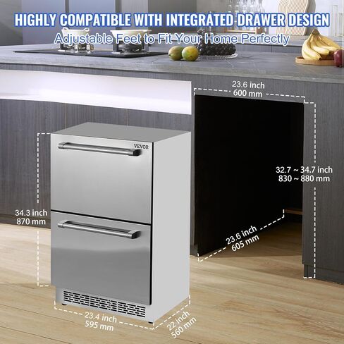 VEVOR 24 inch Undercounter Refrigerator, 2 Drawer Refrigerator with Different Temperature, 4.87 Cu.ft. Capacity, Waterproof Indoor and Outdoor Under Counter Freezer Fridge for Home and Commercial Use in Saudi Arabia