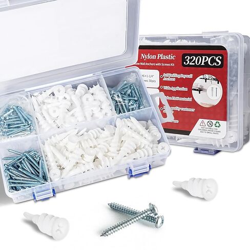 320Pcs Self Drilling Drywall Anchors and Screws Kit, 3 Sizes Nylon Wall Anchors for Hollow Walls, No Pre-Drilling Required, Holds Up to 75lbs (160 Anchors + 160 Screws) in Kuwait