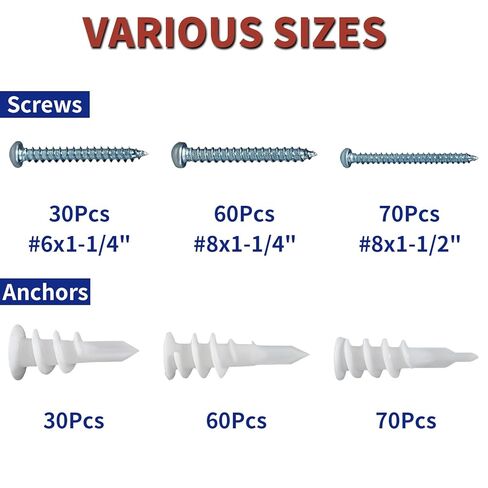 320Pcs Self Drilling Drywall Anchors and Screws Kit, 3 Sizes Nylon Wall Anchors for Hollow Walls, No Pre-Drilling Required, Holds Up to 75lbs (160 Anchors + 160 Screws) in Kuwait