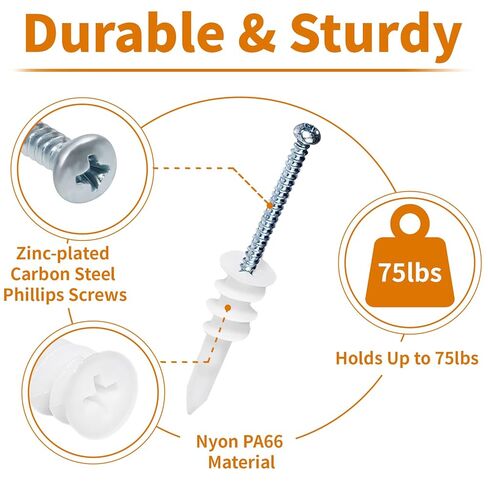 320Pcs Self Drilling Drywall Anchors and Screws Kit, 3 Sizes Nylon Wall Anchors for Hollow Walls, No Pre-Drilling Required, Holds Up to 75lbs (160 Anchors + 160 Screws) in Kuwait