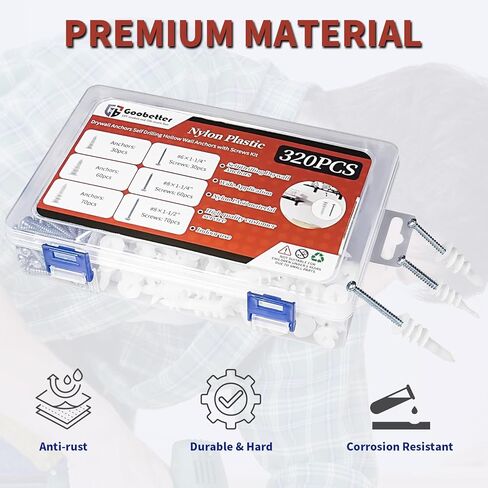 320Pcs Self Drilling Drywall Anchors and Screws Kit, 3 Sizes Nylon Wall Anchors for Hollow Walls, No Pre-Drilling Required, Holds Up to 75lbs (160 Anchors + 160 Screws) in Kuwait