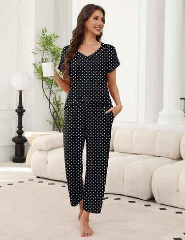 Ekouaer 2 Pack Pajamas for Women Short Sleeve V Neck Pj 2 Piece Lounge Sets S-XXL in Saudi Arabia