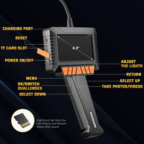 Endoscope Camera with Light, 1920P HD Industrial Borescope with 8 LED Lights, 16.4ft Semi-Rigid Cable Snake Camera, 4.3" Screen, IP67 Waterproof Endoscope for Automotive，Sewer Inspection ，32GB Card in Kuwait