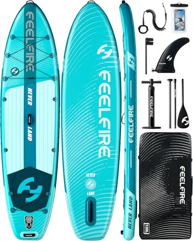Feelfire11'x34 "Paddleboard Wide Flatable ، لوحة مجداف للوقوف للبالغين ، سعة 420 رطلاً لليوغا/الصيد/الأسرة ، سطح السفينة EVA ، زعنفة الولايات المتحدة ، مضخة الضغط العالي ، حقيبة التخزين ، Leash السلامة in Saudi Arabia