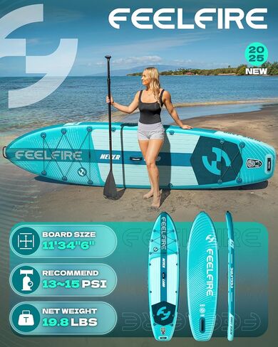 Feelfire11'x34 "Paddleboard Wide Flatable ، لوحة مجداف للوقوف للبالغين ، سعة 420 رطلاً لليوغا/الصيد/الأسرة ، سطح السفينة EVA ، زعنفة الولايات المتحدة ، مضخة الضغط العالي ، حقيبة التخزين ، Leash السلامة in Saudi Arabia