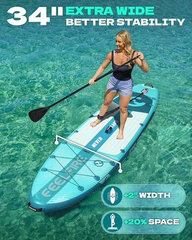 Feelfire11'x34 "Paddleboard Wide Flatable ، لوحة مجداف للوقوف للبالغين ، سعة 420 رطلاً لليوغا/الصيد/الأسرة ، سطح السفينة EVA ، زعنفة الولايات المتحدة ، مضخة الضغط العالي ، حقيبة التخزين ، Leash السلامة in Saudi Arabia