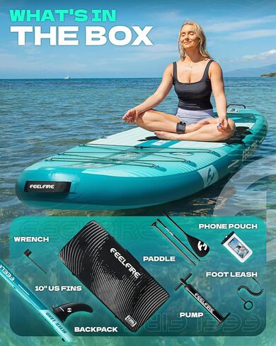 Feelfire11'x34 "Paddleboard Wide Flatable ، لوحة مجداف للوقوف للبالغين ، سعة 420 رطلاً لليوغا/الصيد/الأسرة ، سطح السفينة EVA ، زعنفة الولايات المتحدة ، مضخة الضغط العالي ، حقيبة التخزين ، Leash السلامة in Saudi Arabia