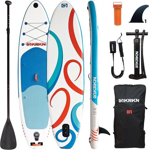 KRKN Discover 10'6 "لوحة Paddle ، SUP قابلة للنفخ مع الملحقات المتميزة ، سطح السفينة غير القابل للانزلاق ، مجداف قابل للتعديل ، مقعد الكاميرا وحقائب الظهر لجميع مستويات المهارة in Saudi Arabia