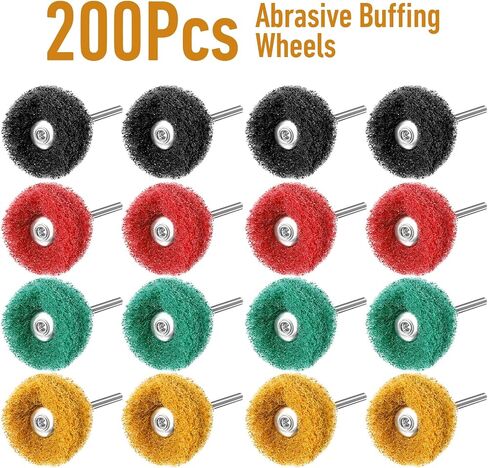 200 pcs عجلات التلميع الكاشطة 1 بوصة مجموعة التلميع مجموعة لإكسسوارات دوارة أدوات التلميع المعدنية للتلميع المعدني ، تنظيف الصدأ ، إزالة الطلاء ، عمل التفاصيل الدقيقة ، مع 1/8 "(3 مم) شانك in Kuwait