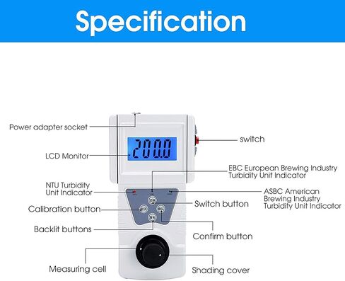 Portable Turbidity Meter, Handheld Digital Turbidity Tester, Measuring Range 0-400 NTU, 90° Scattered Light, Accuracy 0.01, Repeatability ≤2%, for Sewage Treatment, Water Quality Testing in Saudi Arabia