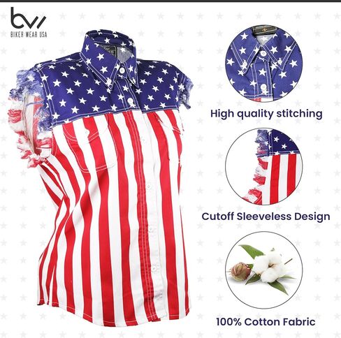 USA Flag Men Sleeveless Denim Cutoff Shirt - 100% Cotton Pre-Washed Denim Shirt with Stars and Stripes S to 5XL in Saudi Arabia